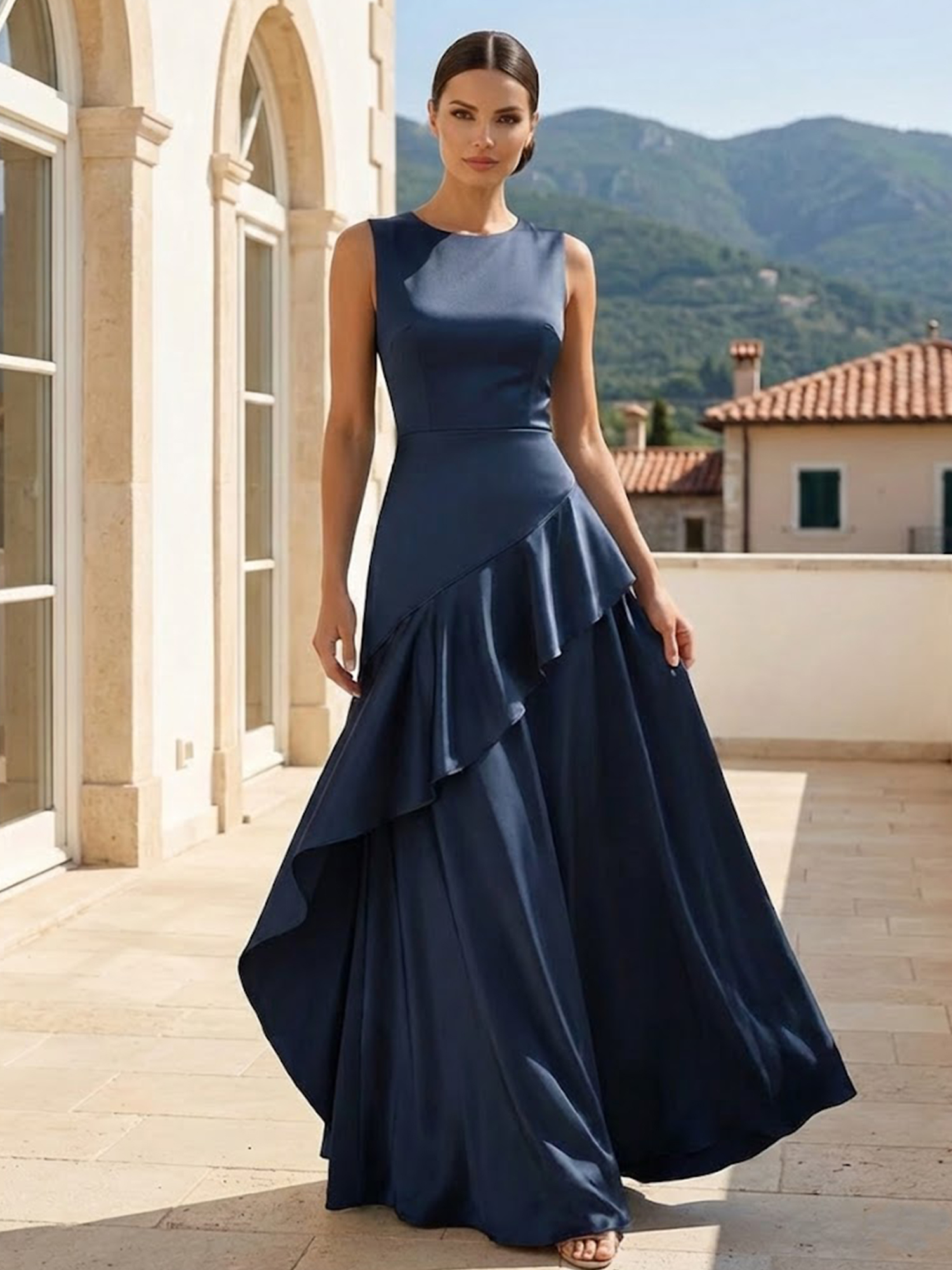 Navy Blue Satin Sleeveless Maxi Dress With Asymmetric Draping