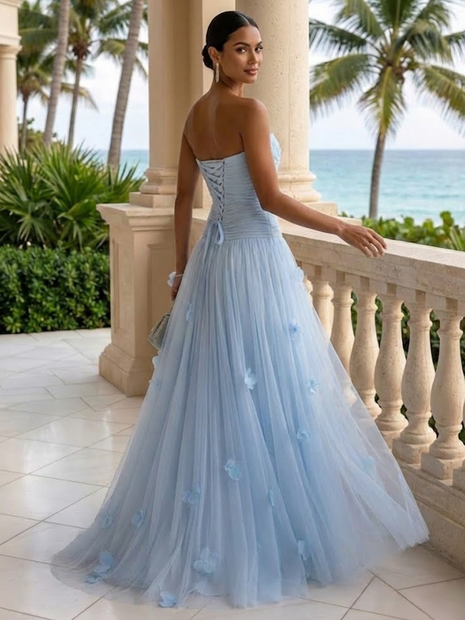 Light Blue 3D Floral Ruched Tulle Strapless Sleeveless A-Line Gown Dress