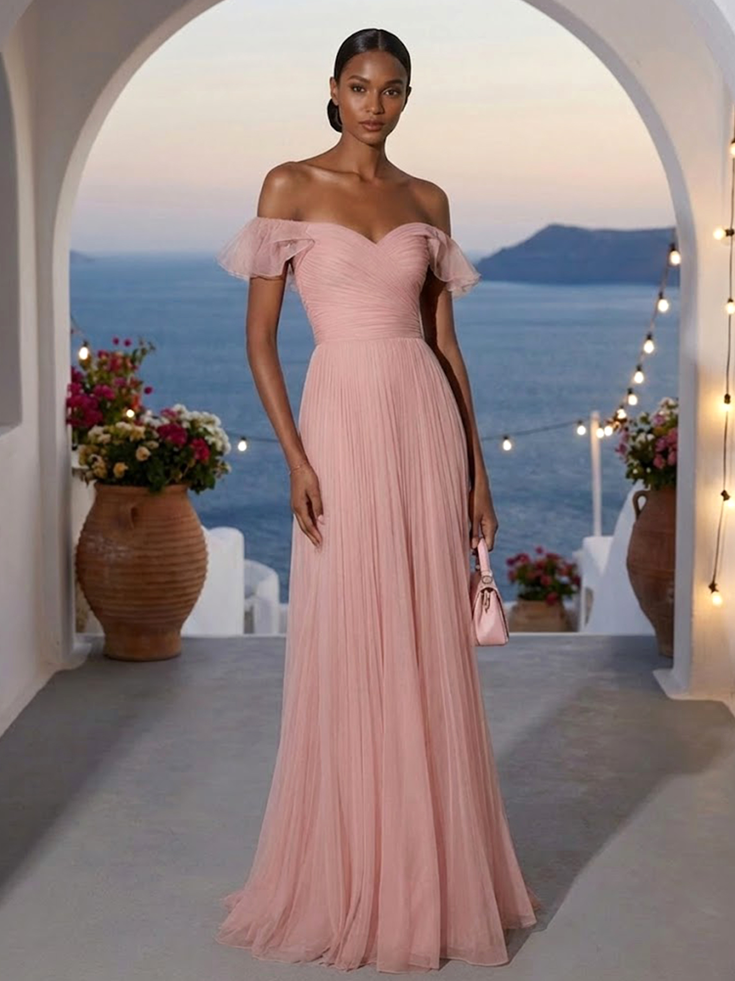 Pink Ruffled Pleated Tulle Off The Shoulder Short Sleeve A-Line Gown Dress