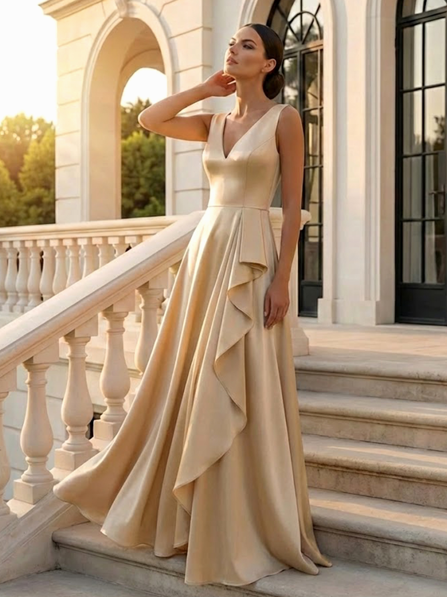 Champagne Elegant Satin V-Neck Maxi Dress With Asymmetric Ruffle