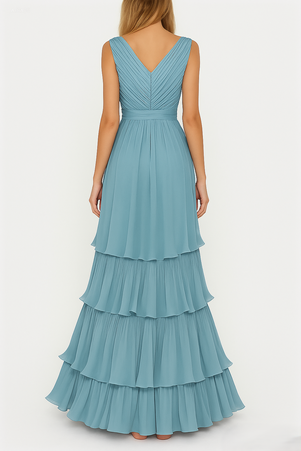 Formal Tiered Layer Dress Blue Sleeveless Pleated V-Neck Maxi Gown