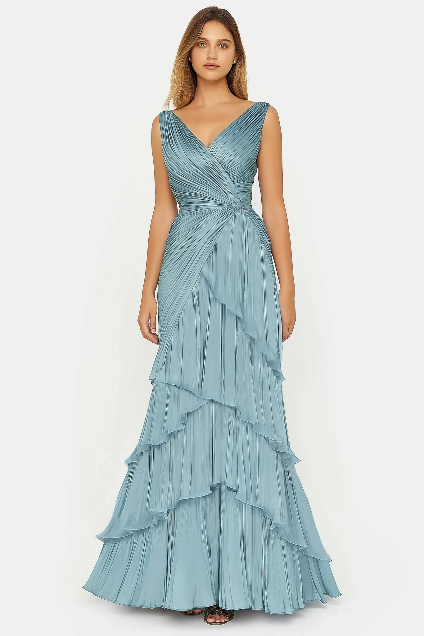 Formal Tiered Layer Dress Blue Sleeveless Pleated V-Neck Maxi Gown