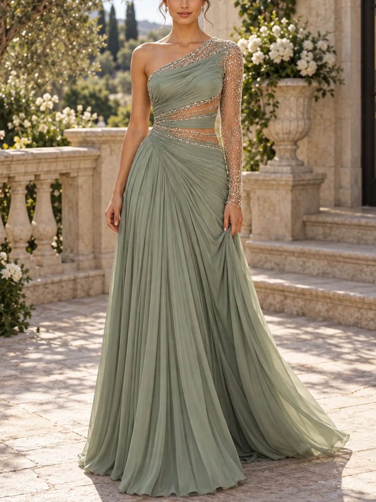 One-Shoulder Beaded Cutout Tulle Evening Gown