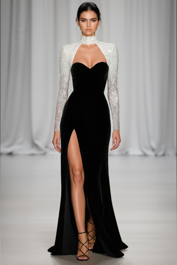 Evening Dress Set Black Strapless Velvet Slit Maxi Dress with Sequin Bolero