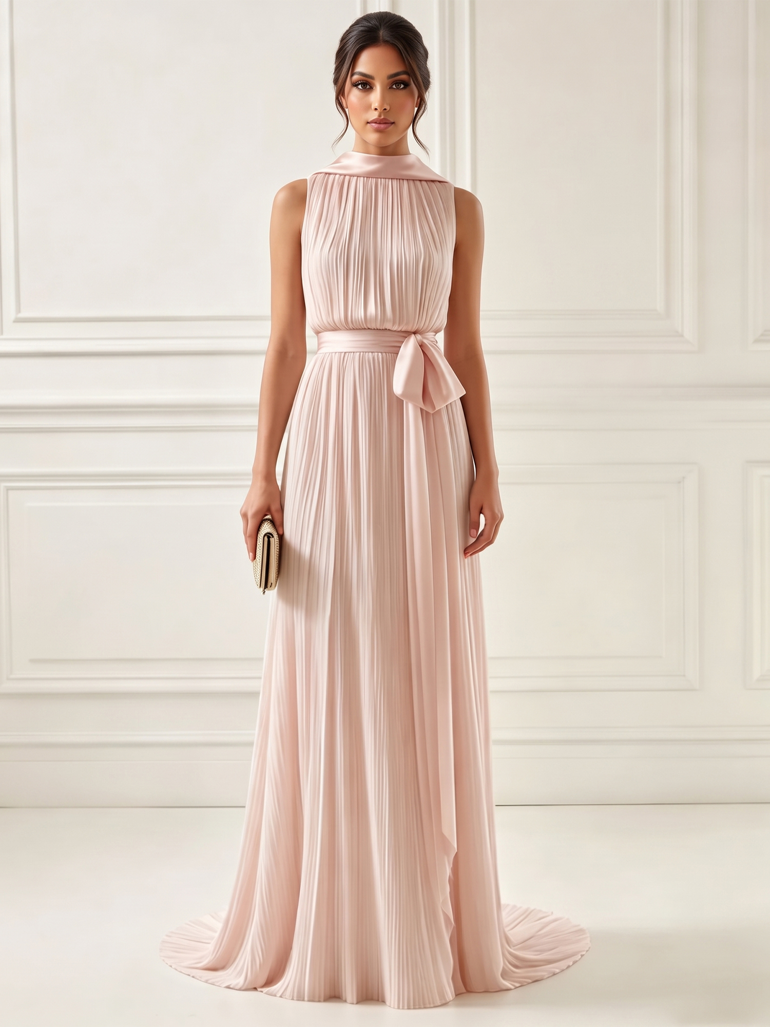 Ethereal Pleated Satin Evening Gown with Bow Accent