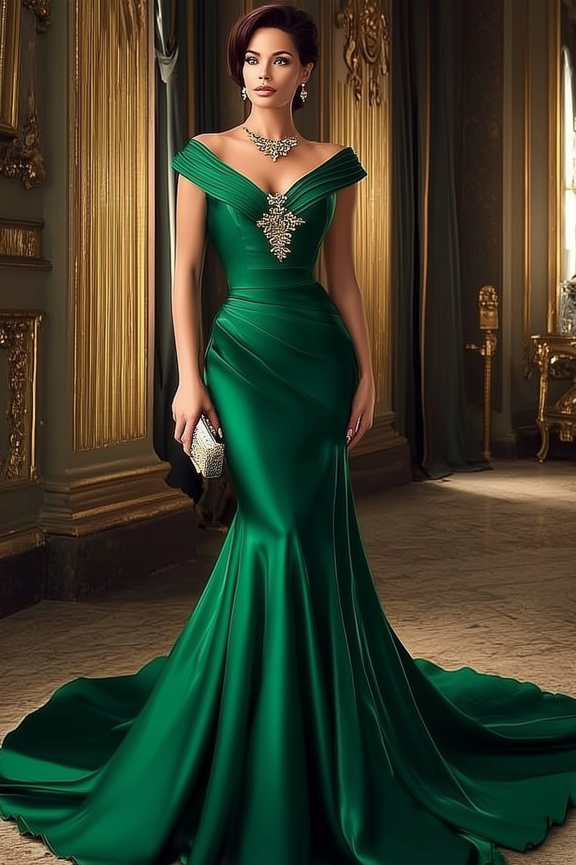 Formal ​Evening Dress Green Off Shoulder Maxi Mermaid Satin Dress