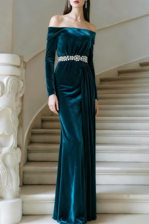 Formal Dress Peacock Blue Sheath Off the Shoulder Belted Velvet Maxi Dress