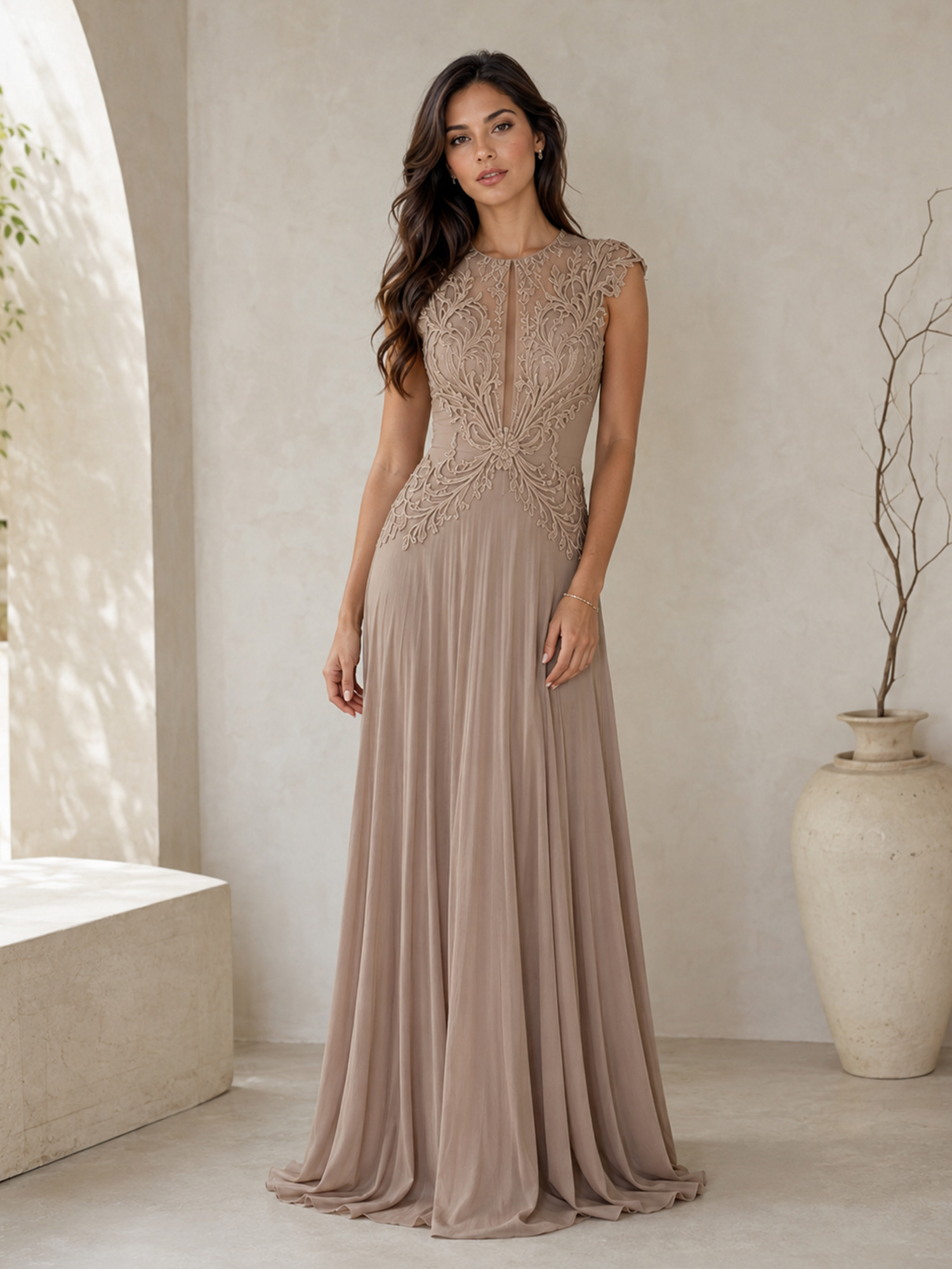 Embroidered Applique Pleated Long Evening Gown