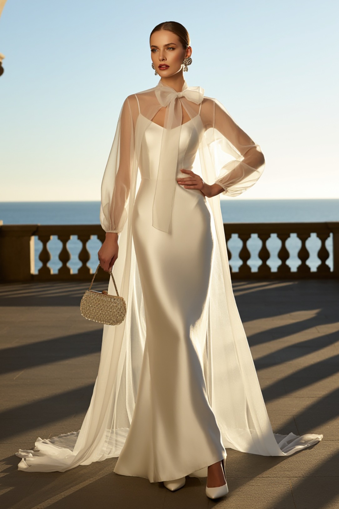 White Satin Wedding Dress Spaghetti Straps Maxi Drses with Cape