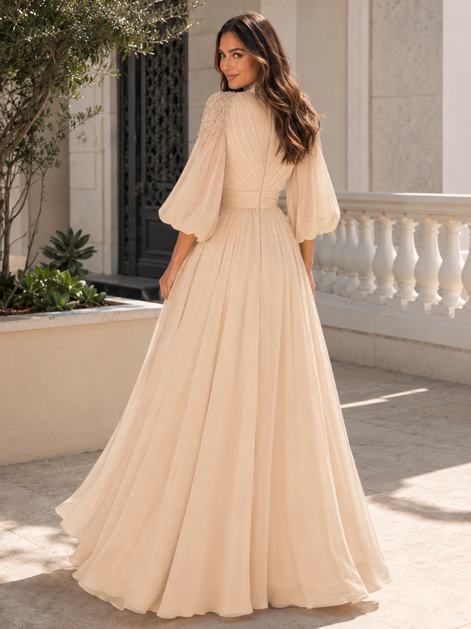 Beaded Mock Neck Long Sleeve Chiffon Evening Gown