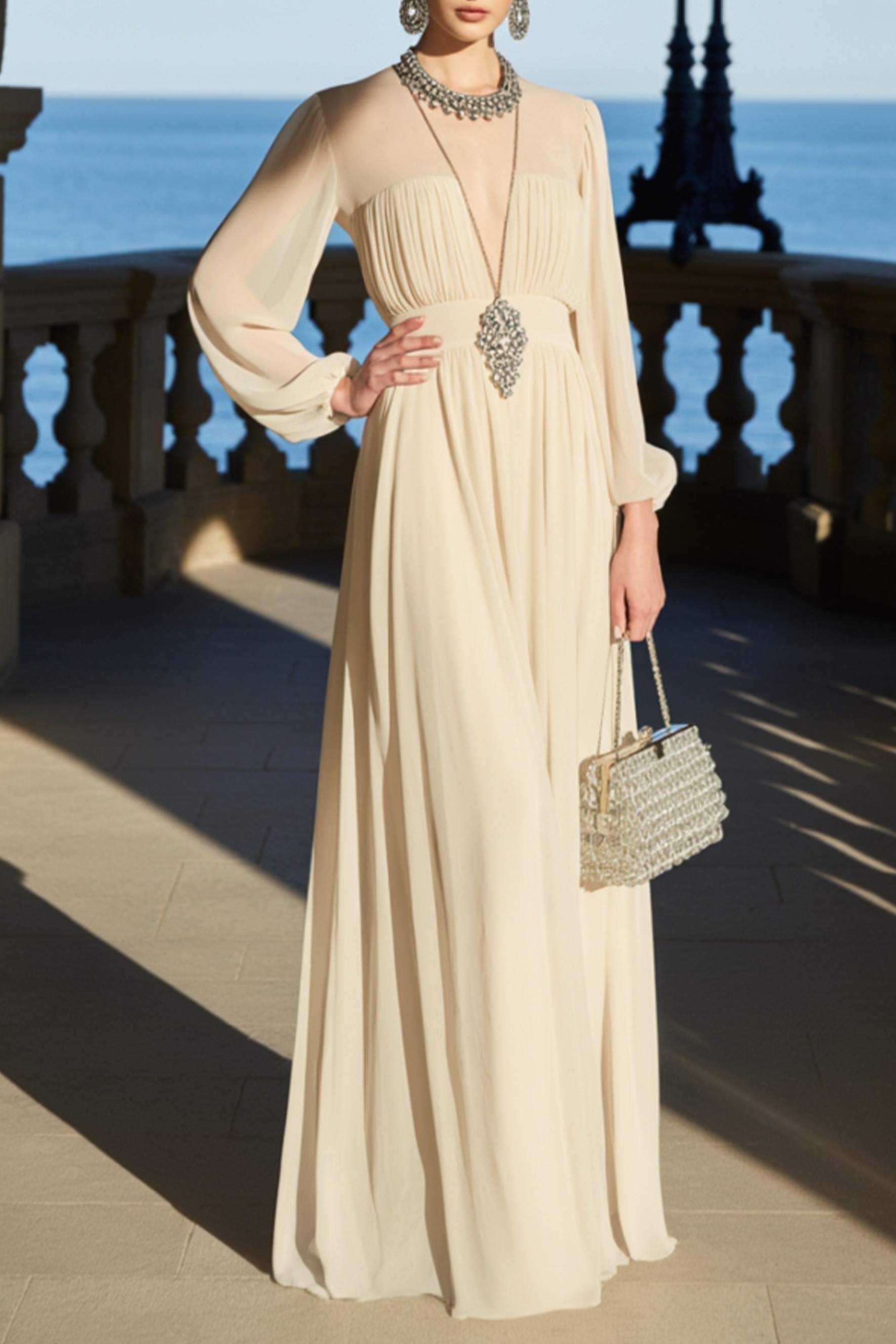 Formal Evening Dress Beige Chiffon Long Sleeve Deep V Maxi Dress