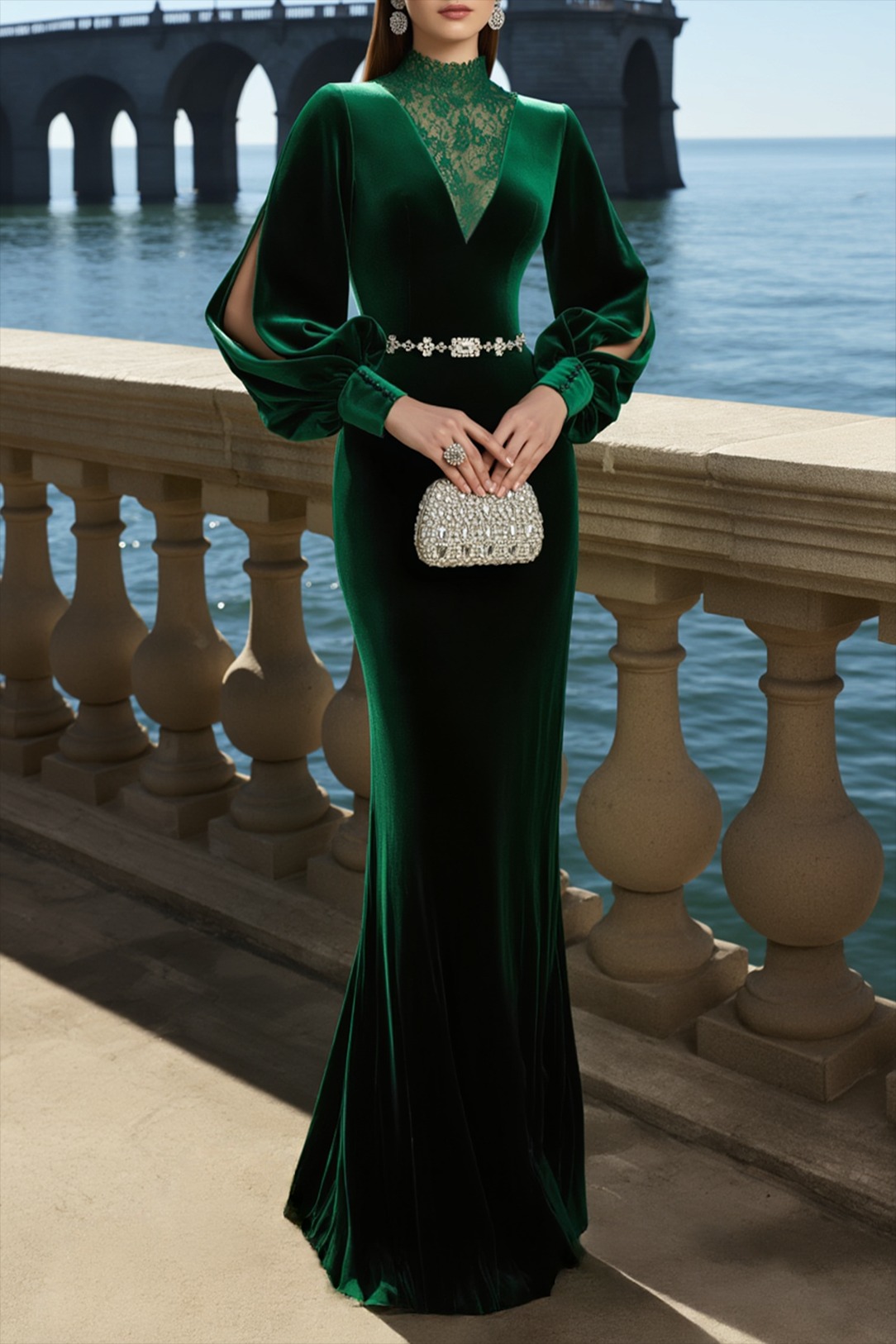 Formal Evening Dress Velvet Dark Green Puff Sleeve Stand Neck Lace Maxi Dress