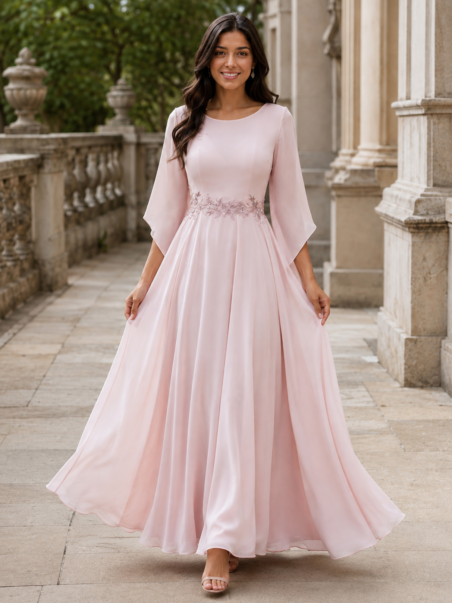 Crew Neck Long Bell Sleeve Applique A-Line Evening Gown