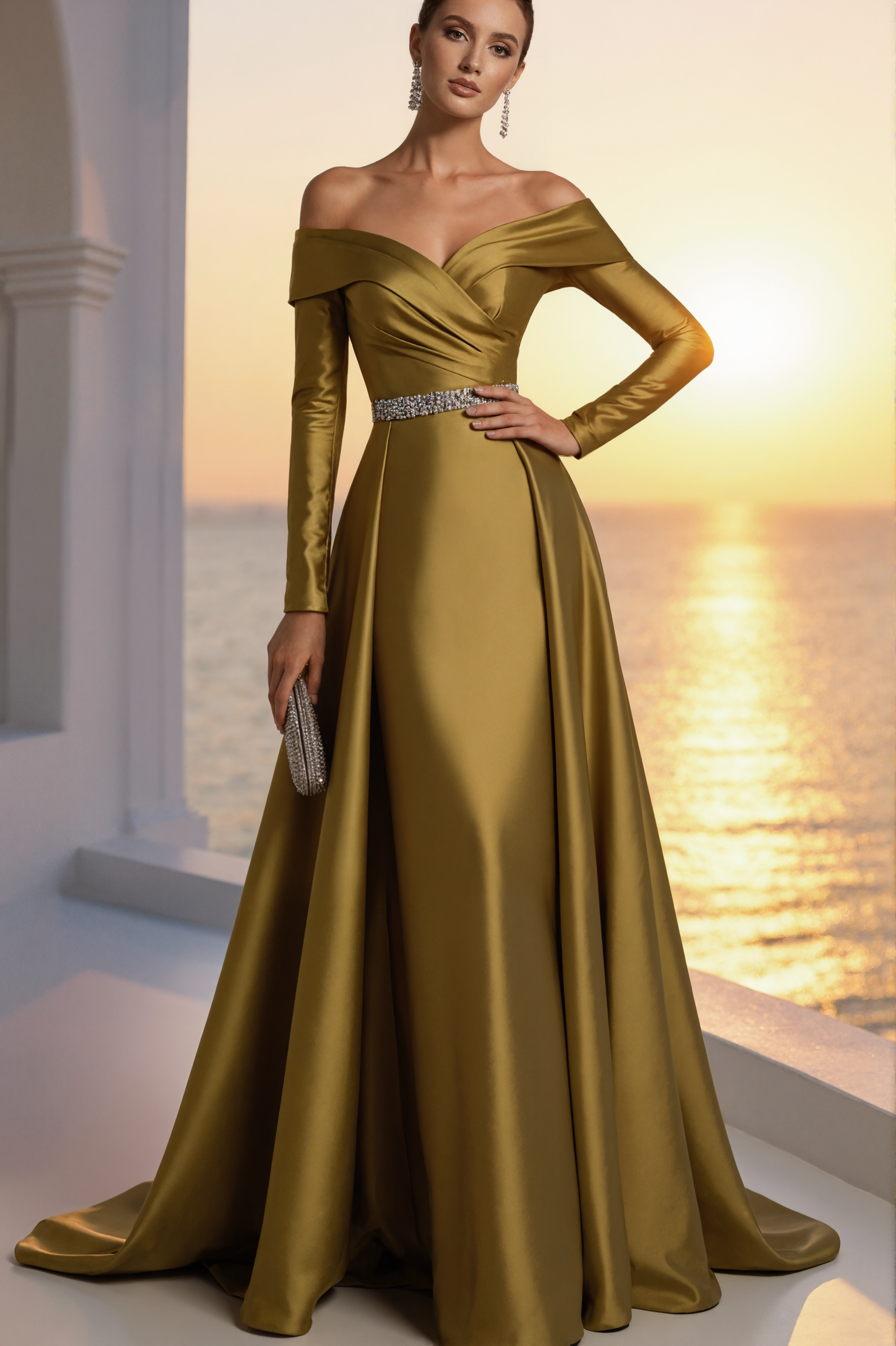 Formal Golden Satin Dress Off The Shoulder Long Sleeve Maxi Gown