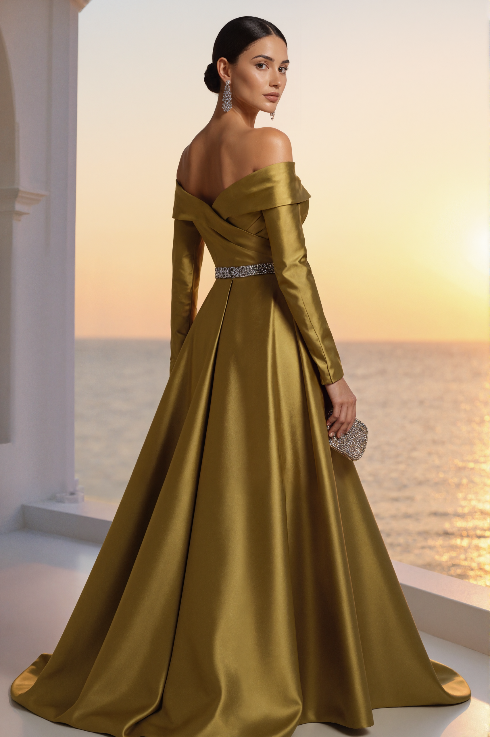 Formal Golden Satin Dress Off The Shoulder Long Sleeve Maxi Gown