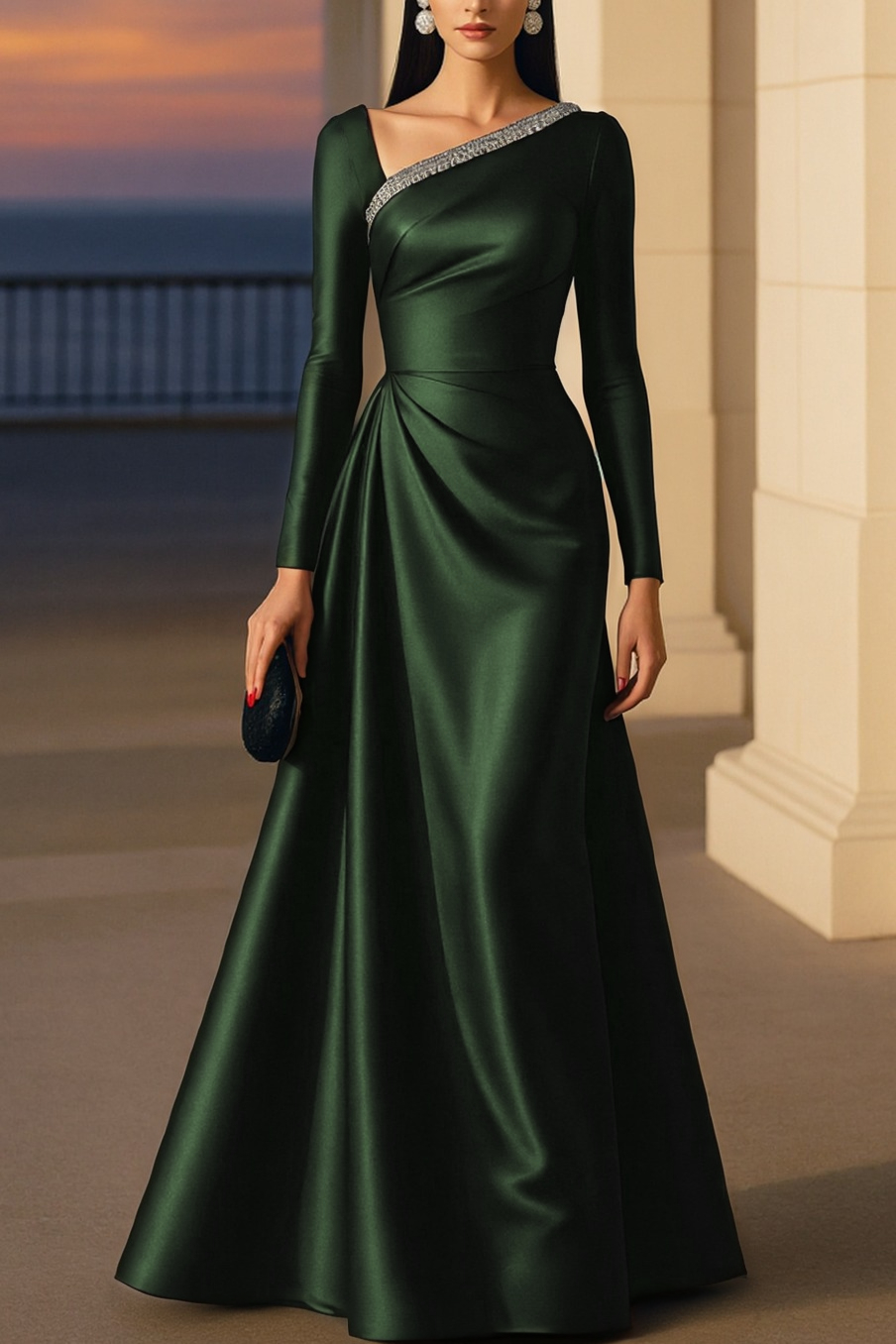 Evening Formal Burgundy Dress Asymmetrical Neck Long Sleeve Maxi Gown