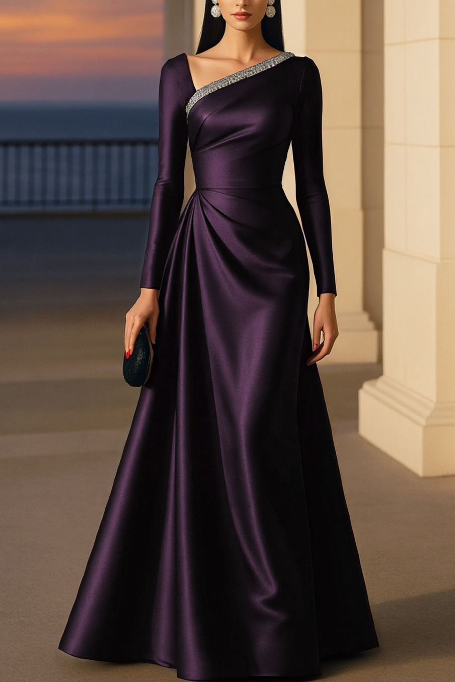 Evening Formal Burgundy Dress Asymmetrical Neck Long Sleeve Maxi Gown