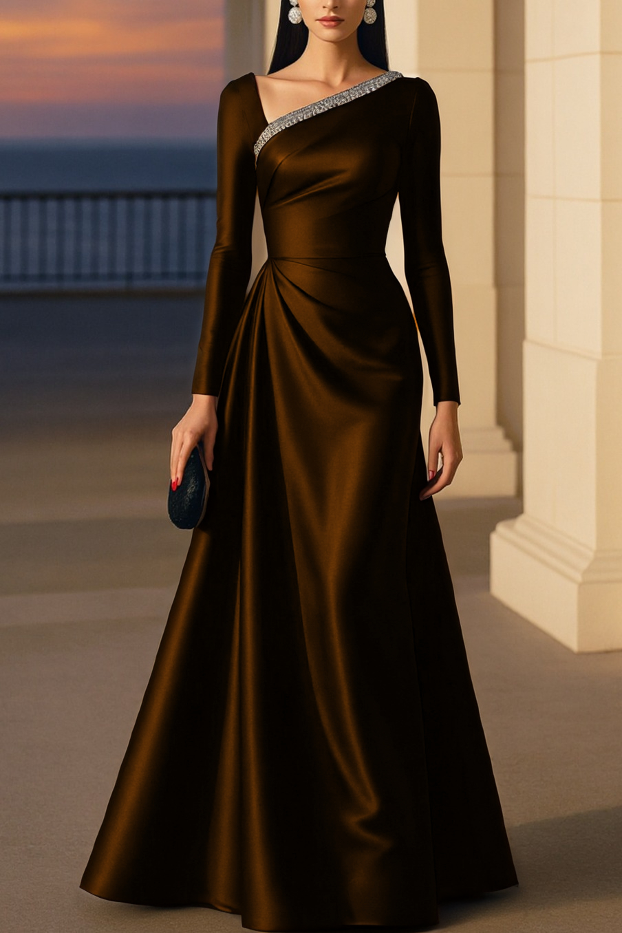 Evening Formal Burgundy Dress Asymmetrical Neck Long Sleeve Maxi Gown
