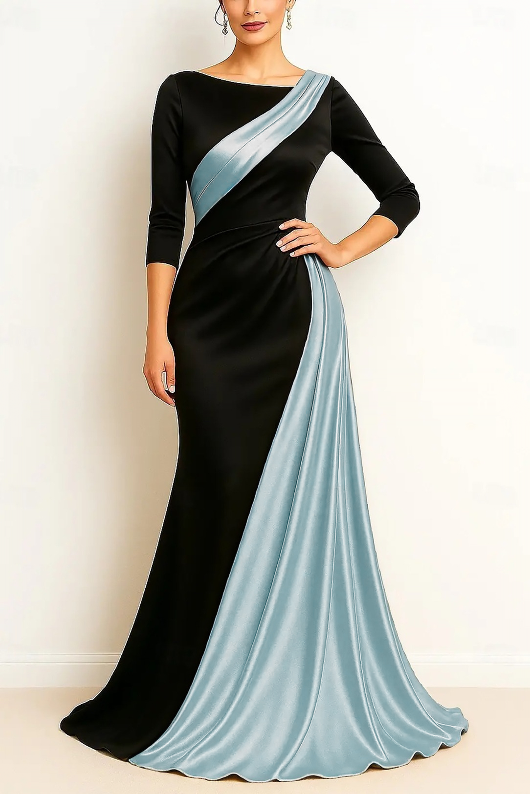 Formal Evening Dress Black & Gold 3/4 Sleeve Ruched Maxi Gown