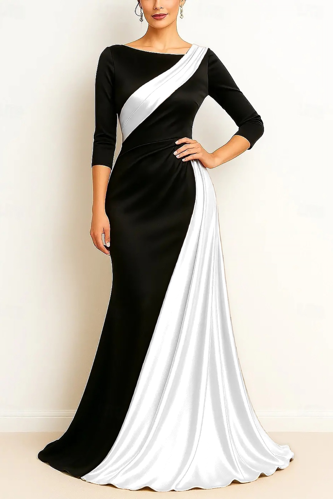 Formal Evening Dress Black & Gold 3/4 Sleeve Ruched Maxi Gown