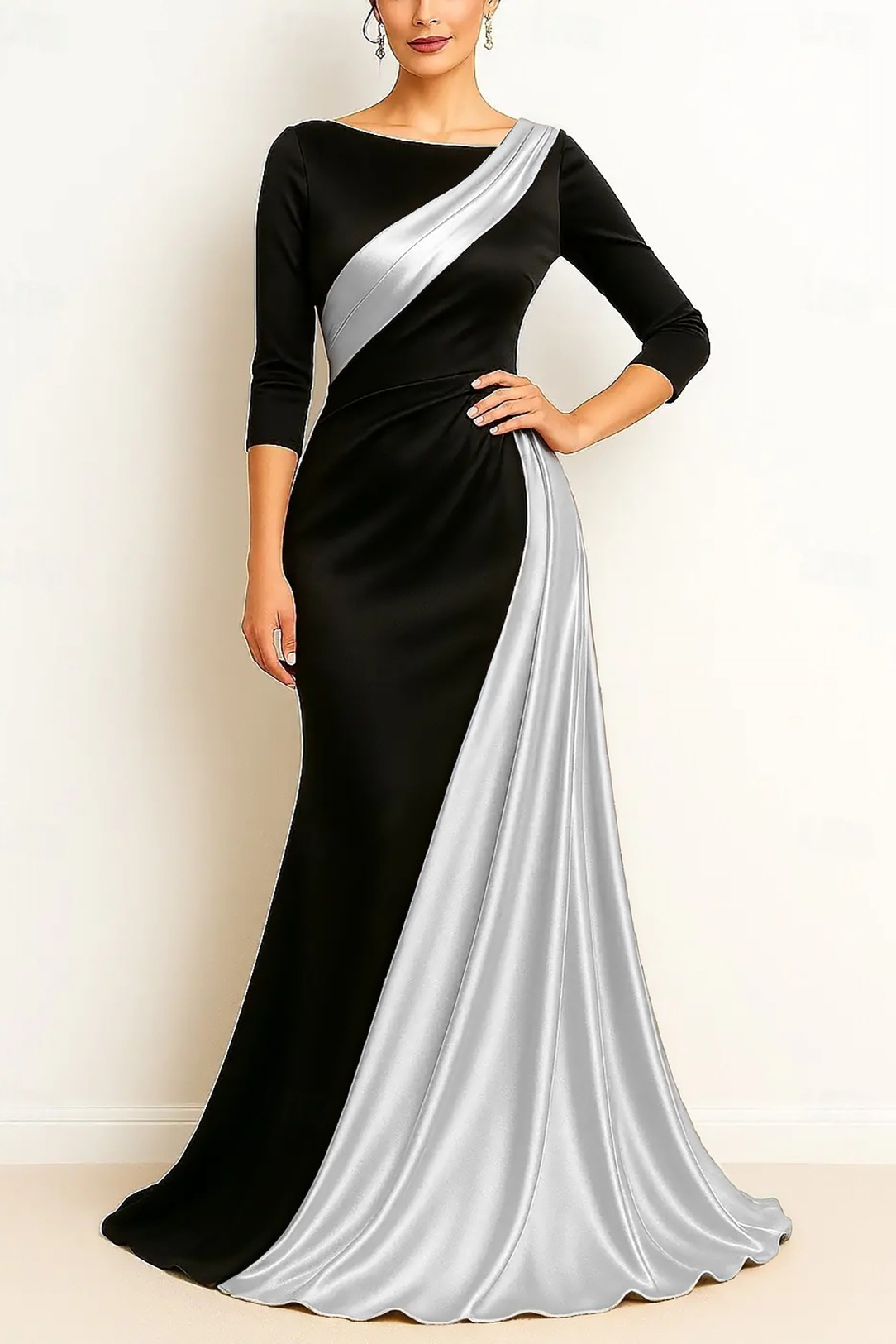 Formal Evening Dress Black & Gold 3/4 Sleeve Ruched Maxi Gown
