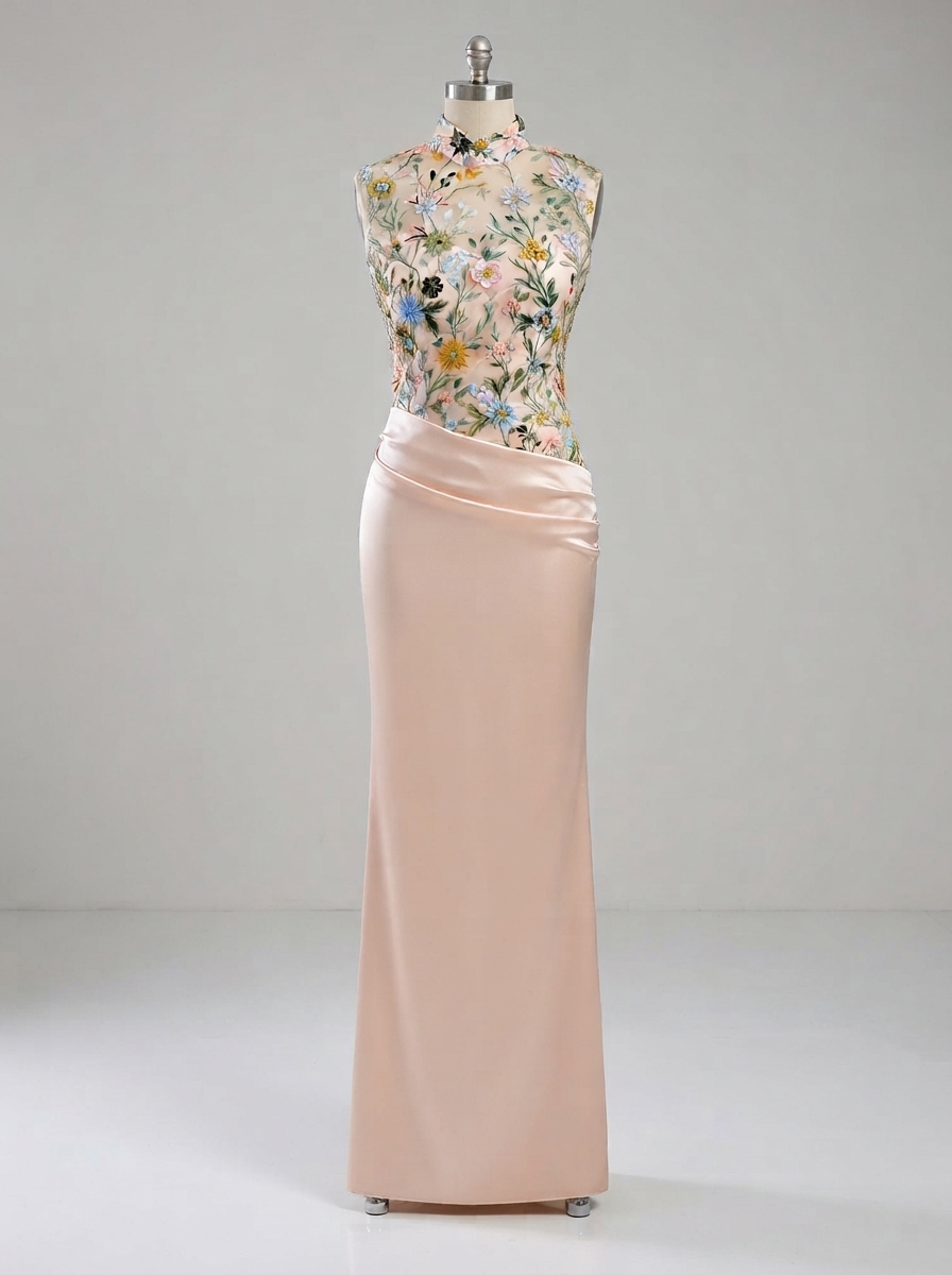 Sheath/Column Elegant Cocktail Dresses Floor-Length Satin Floral Illusion Bodice