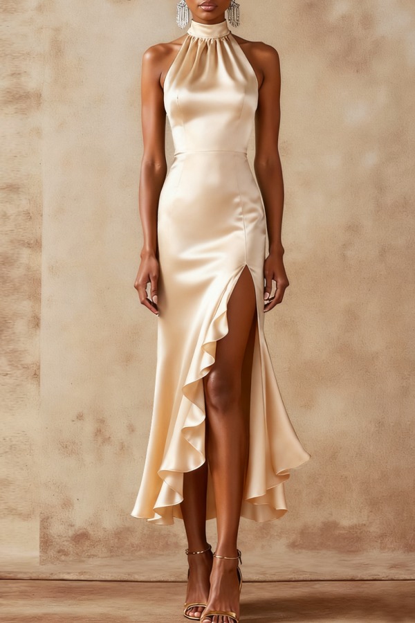 Evening Formal Dress Champagne Halter Satin Midi Dress with Slit