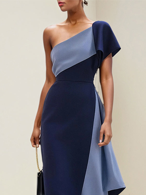 Royal Blue&Steel Blue Stretch Crepe One Shoulder Short Sleeves Ankle Length Dress