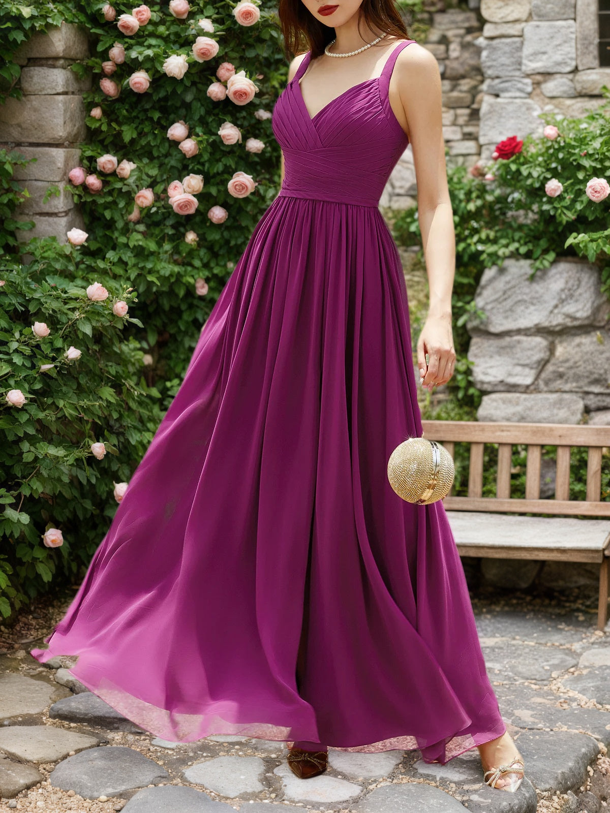 Purple Pleated Chiffon Spaghetti Straps A Line Maxi Bridesmaid Dress