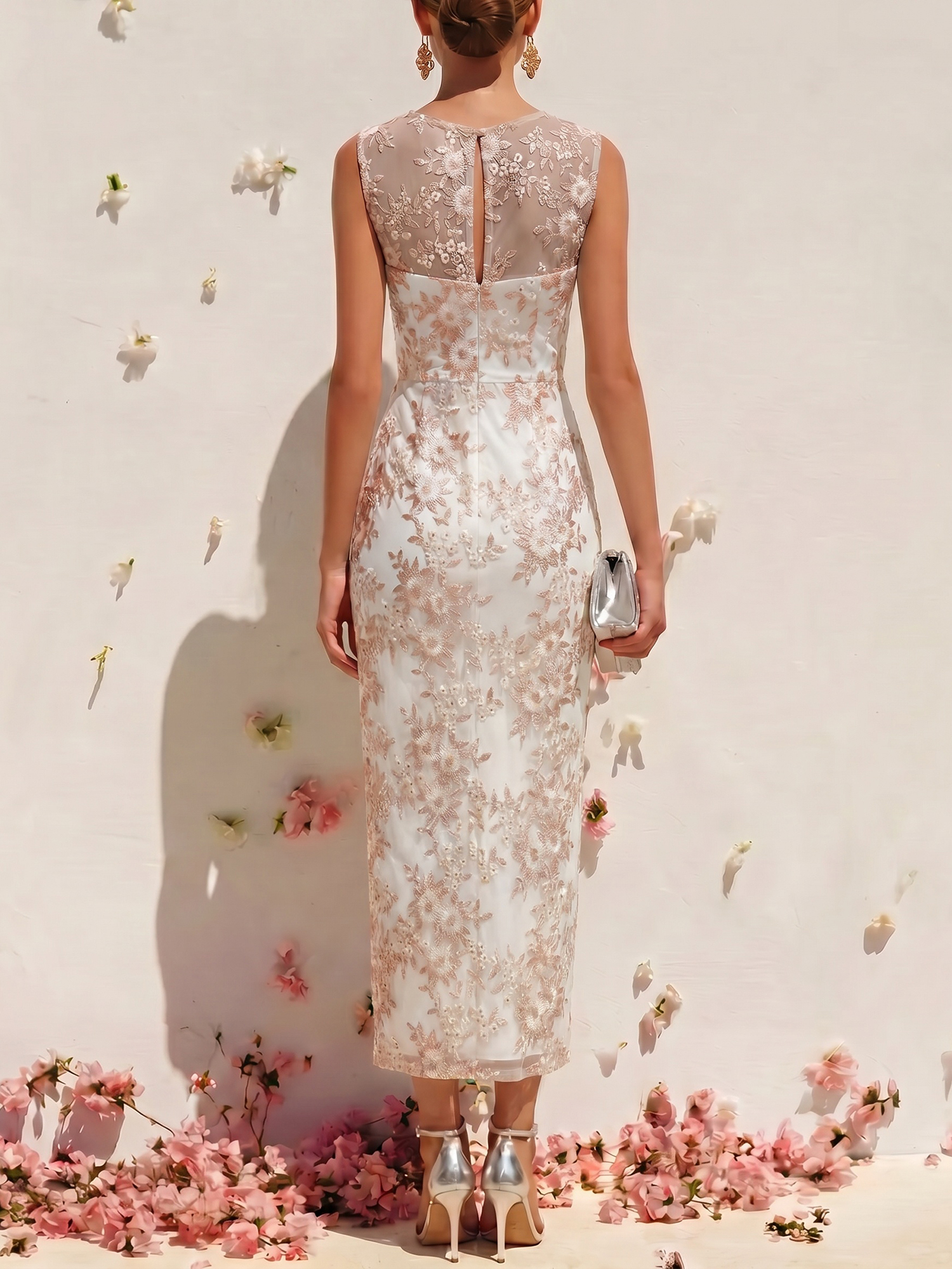 Elegant Sheath Floral Embroidered Midi Dress