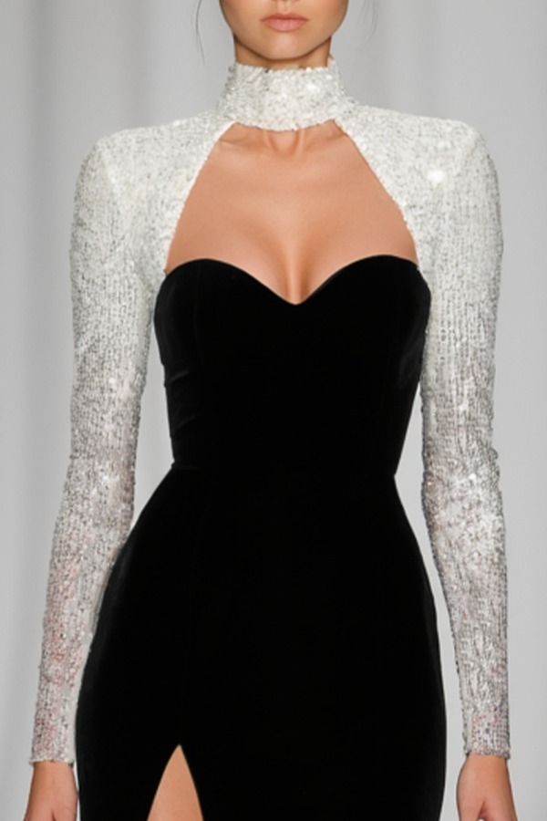 Evening Dress Set Black Strapless Velvet Slit Maxi Dress with Sequin Bolero