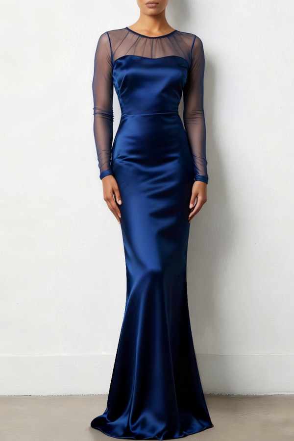 Navy Formal Dress Mermaid Sheer Sleeve Satin Maxi Dress