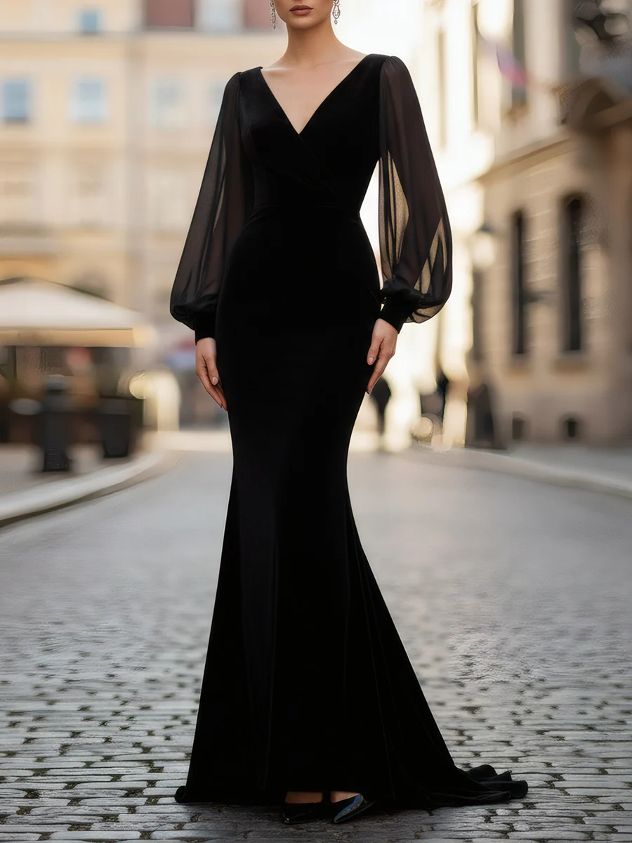 Black Sheer-Sleeve V-Neck Velvet Mermaid Gown