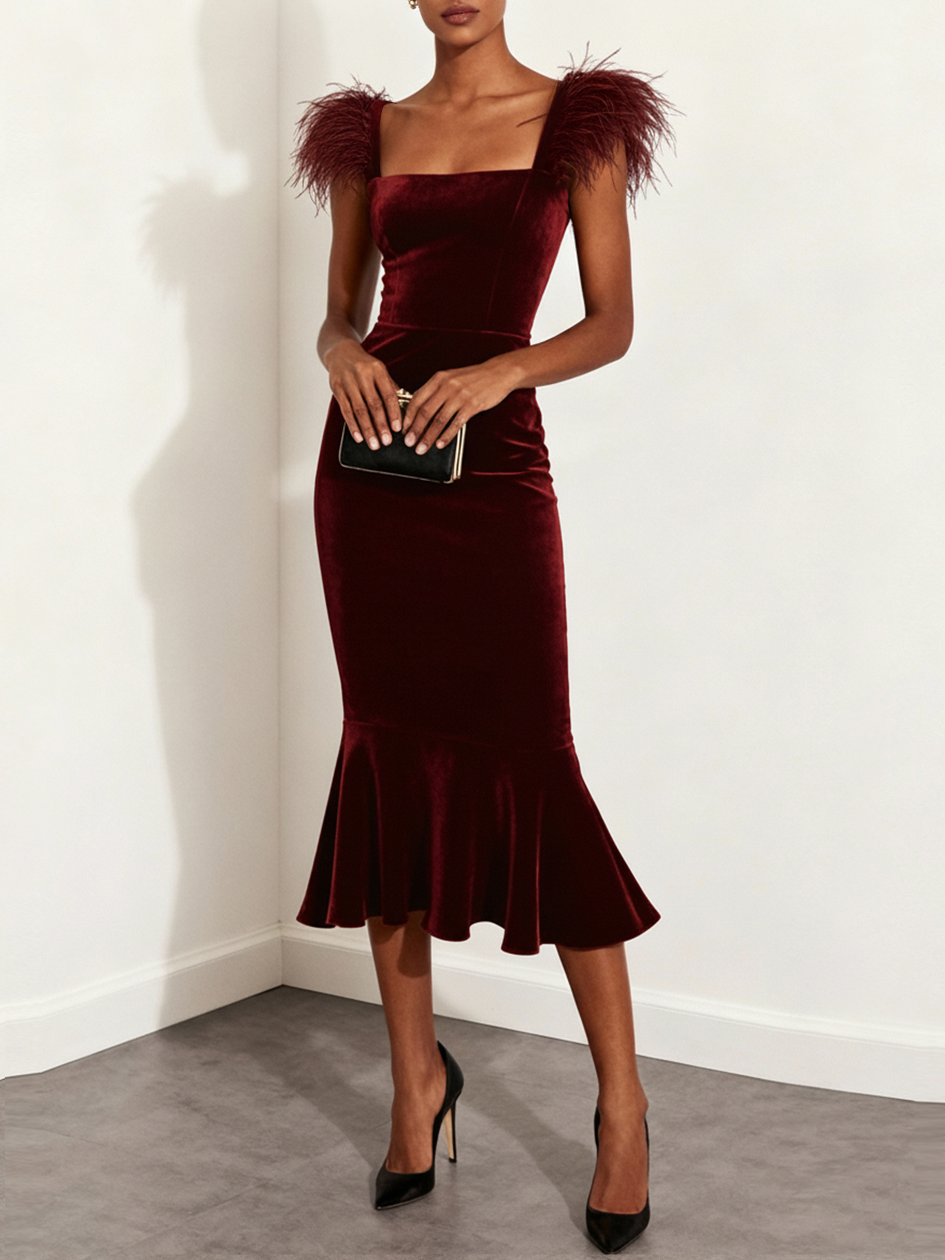 Wine Red Feather Velvet Square Neck Sleeveless Mermaid Midi Dress