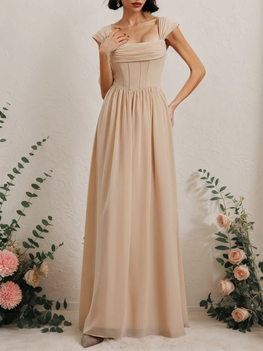 Pink Classic Square Neck Sleeveless A-Line Maxi Dress