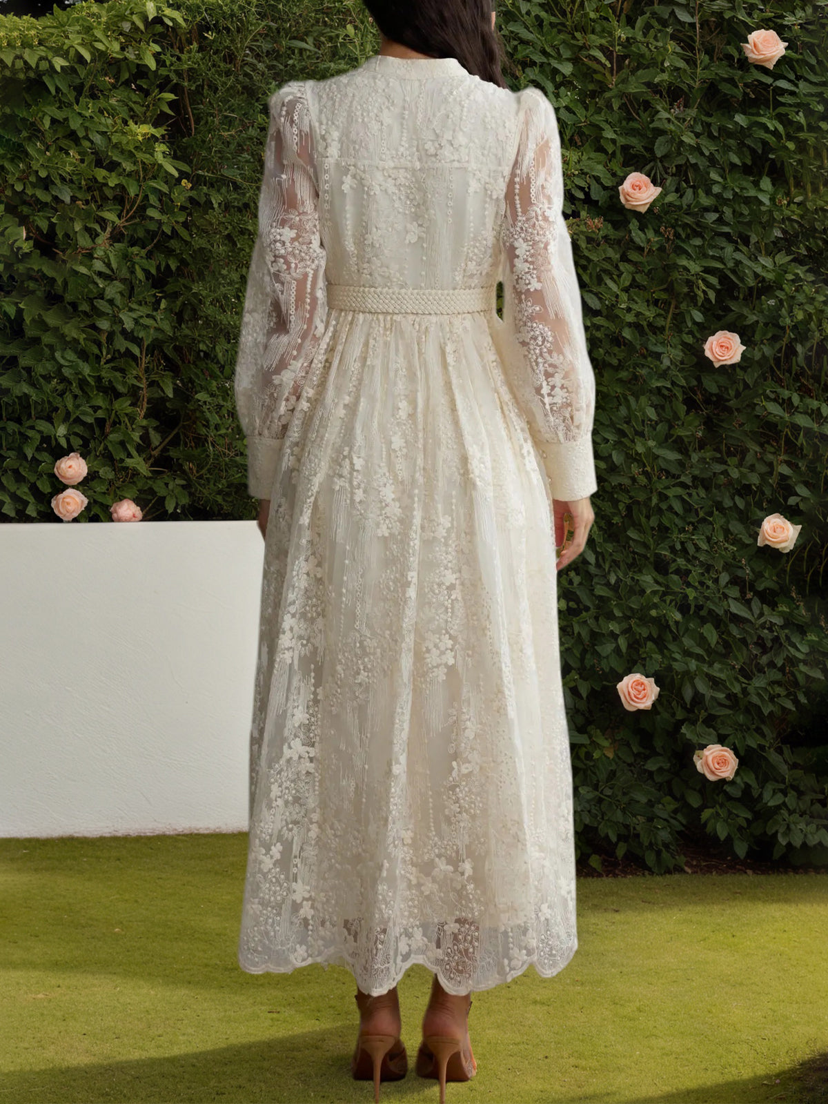 Apricot V-Neck Lace Embroidered Midi Dress