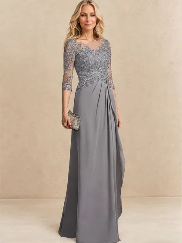 A-line Scoop Illusion Floor-Length Chiffon Lace Mother of the Bride Dress With Beading Sequins Cascading Ruffles