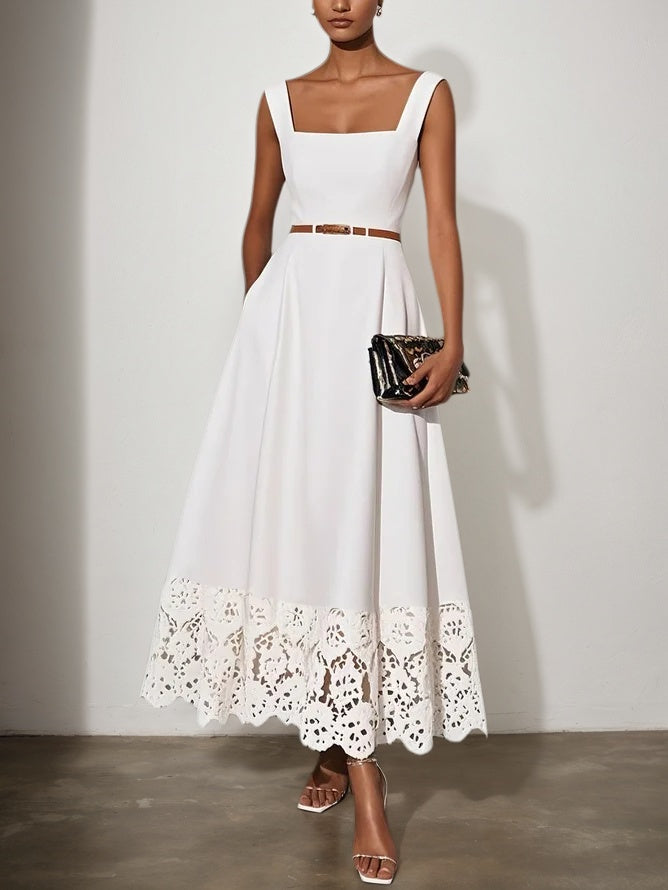 White Lace Classic Square Neck Sleeveless A-Line Maxi Dress