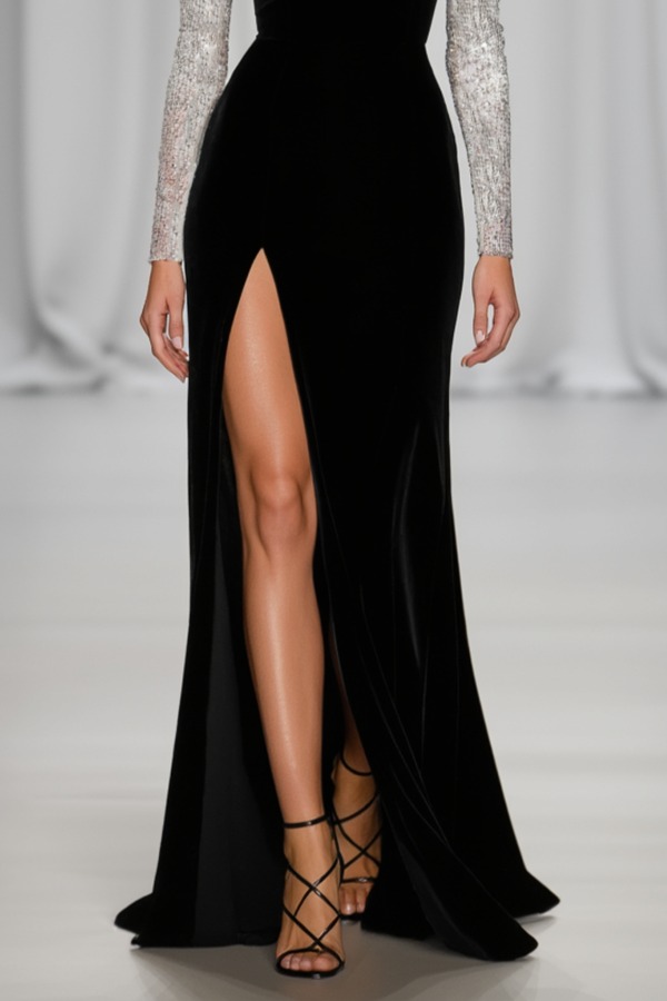 Evening Dress Set Black Strapless Velvet Slit Maxi Dress with Sequin Bolero