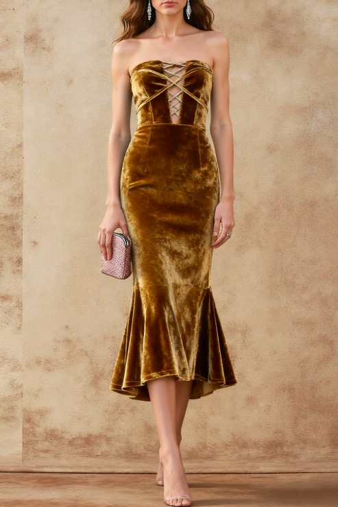 Formal Evening Dress Dark Yellow Mermaid Strapless Velvet Midi Dress
