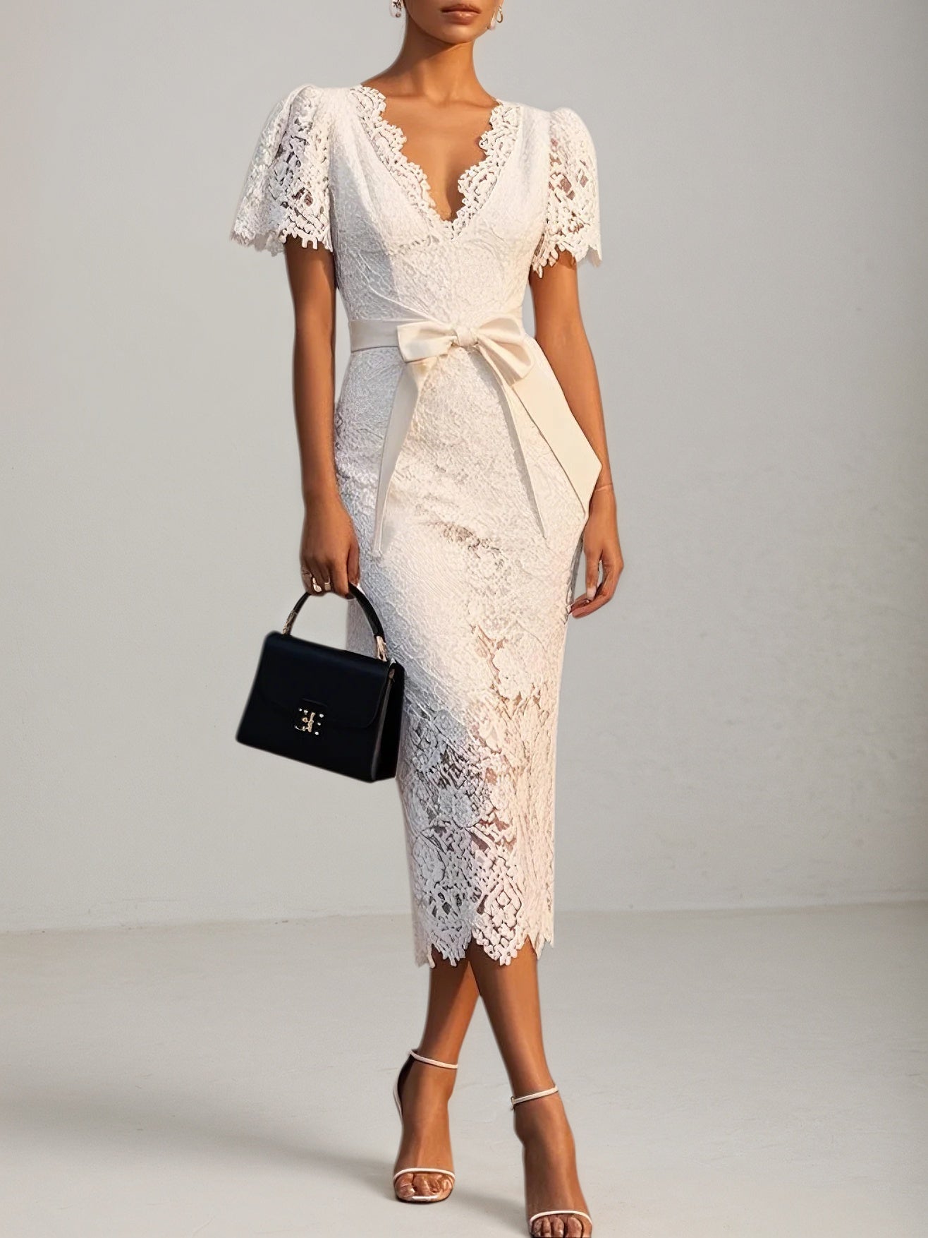 White Bow Lace V Neck Short Sleeve Sheath Midi Dress