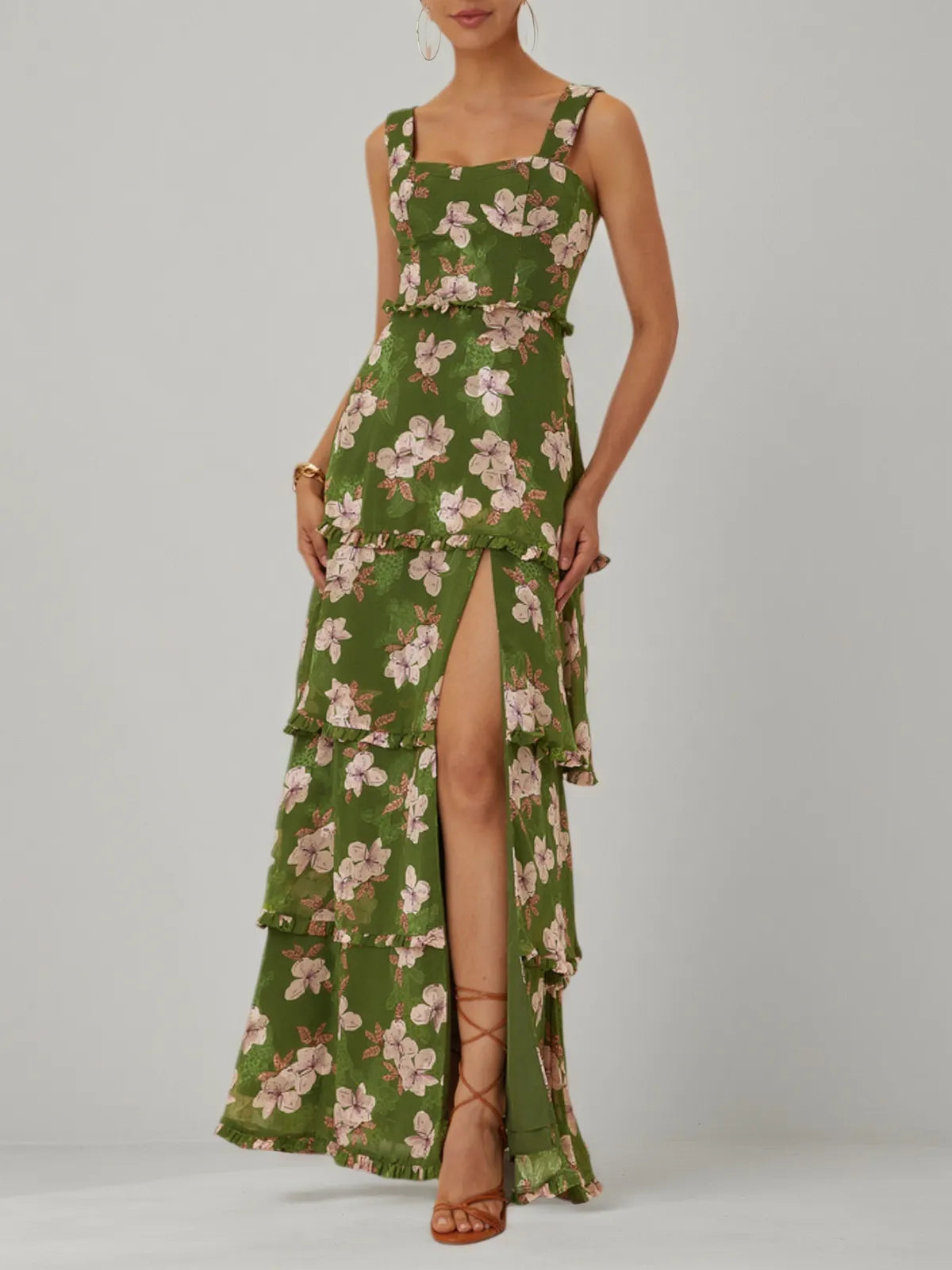 Green Jacquard Classic Spaghetti Chiffon Floral Sleeveless A-Line Maxi Dress