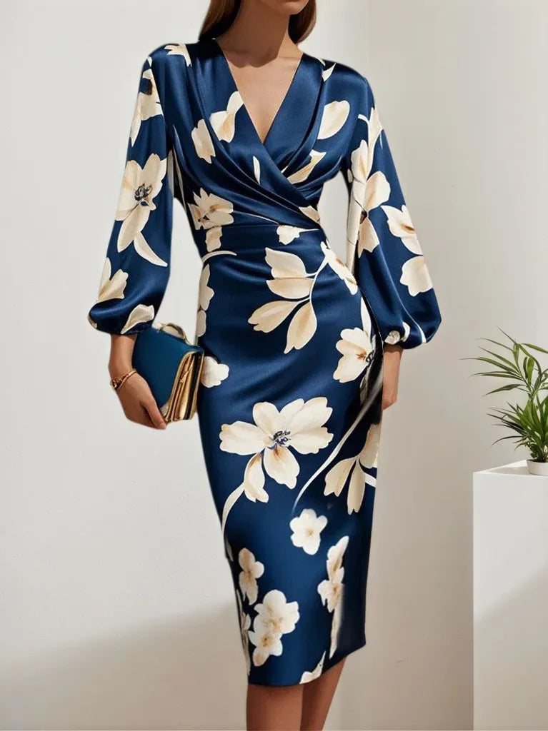Blue Floral V Neck Balloon Sleeve Midi Sheath Satin Dress