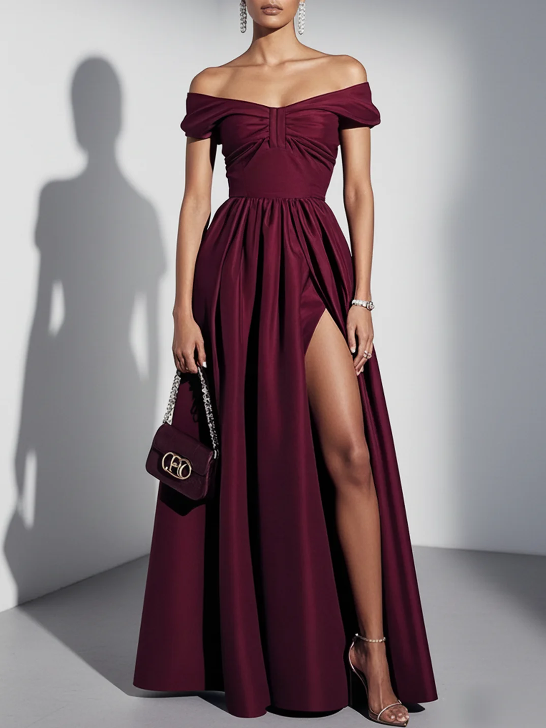 Burgundy Gathered Slit Satin Off The Shoulder Sleeveless A-Line Maxi Dress
