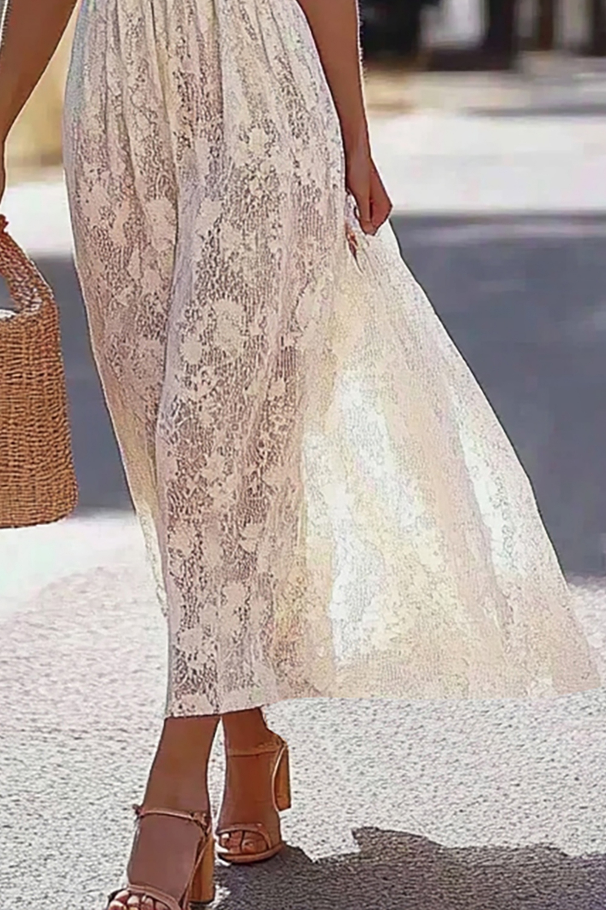 Bohemian Vacation Dress White Lace V-Neck Off-The-Shoulder Maxi Dress