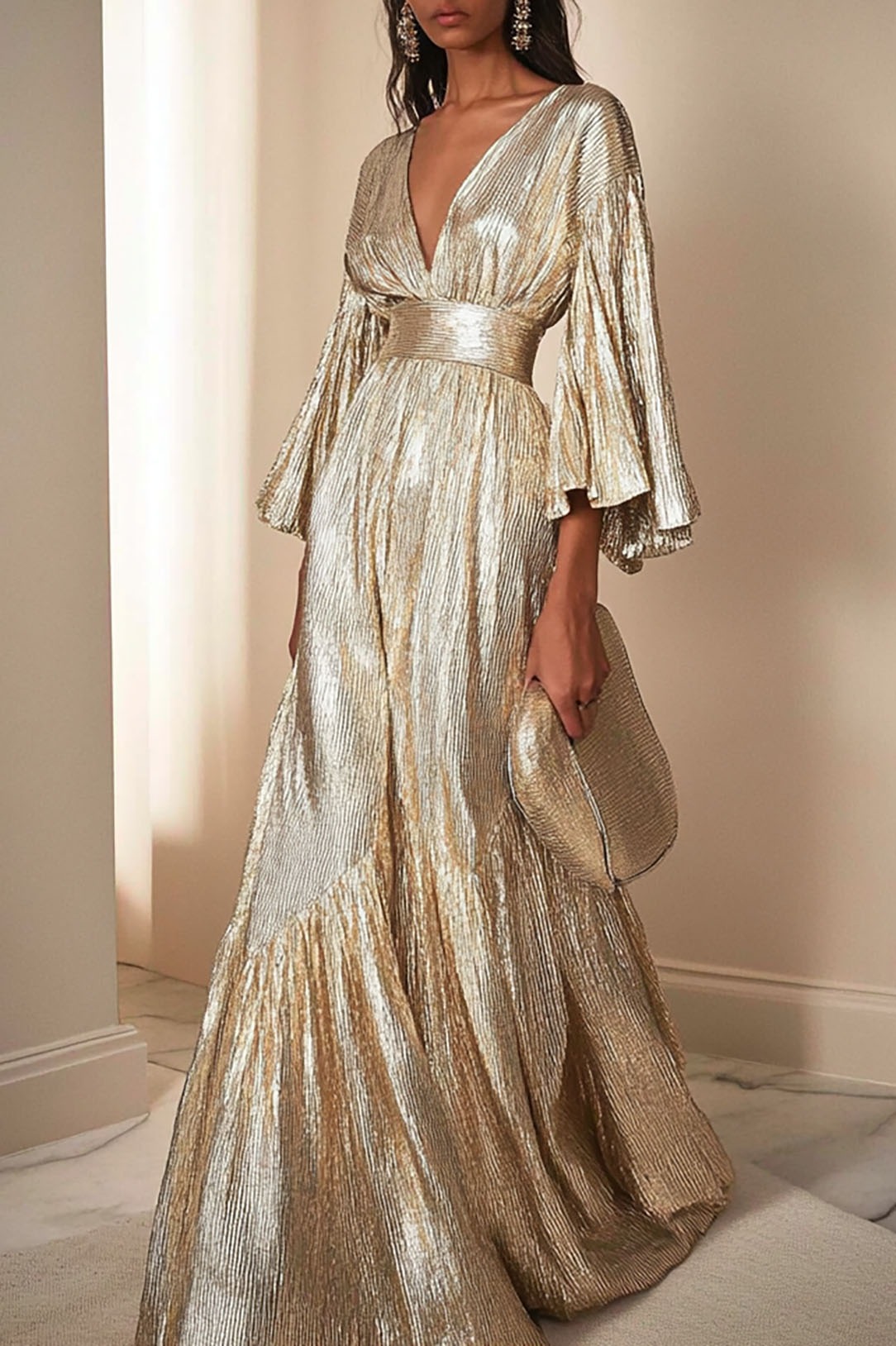 Party Evening Dress Ruffled Deep V Metallic Pleated Maxi Gown