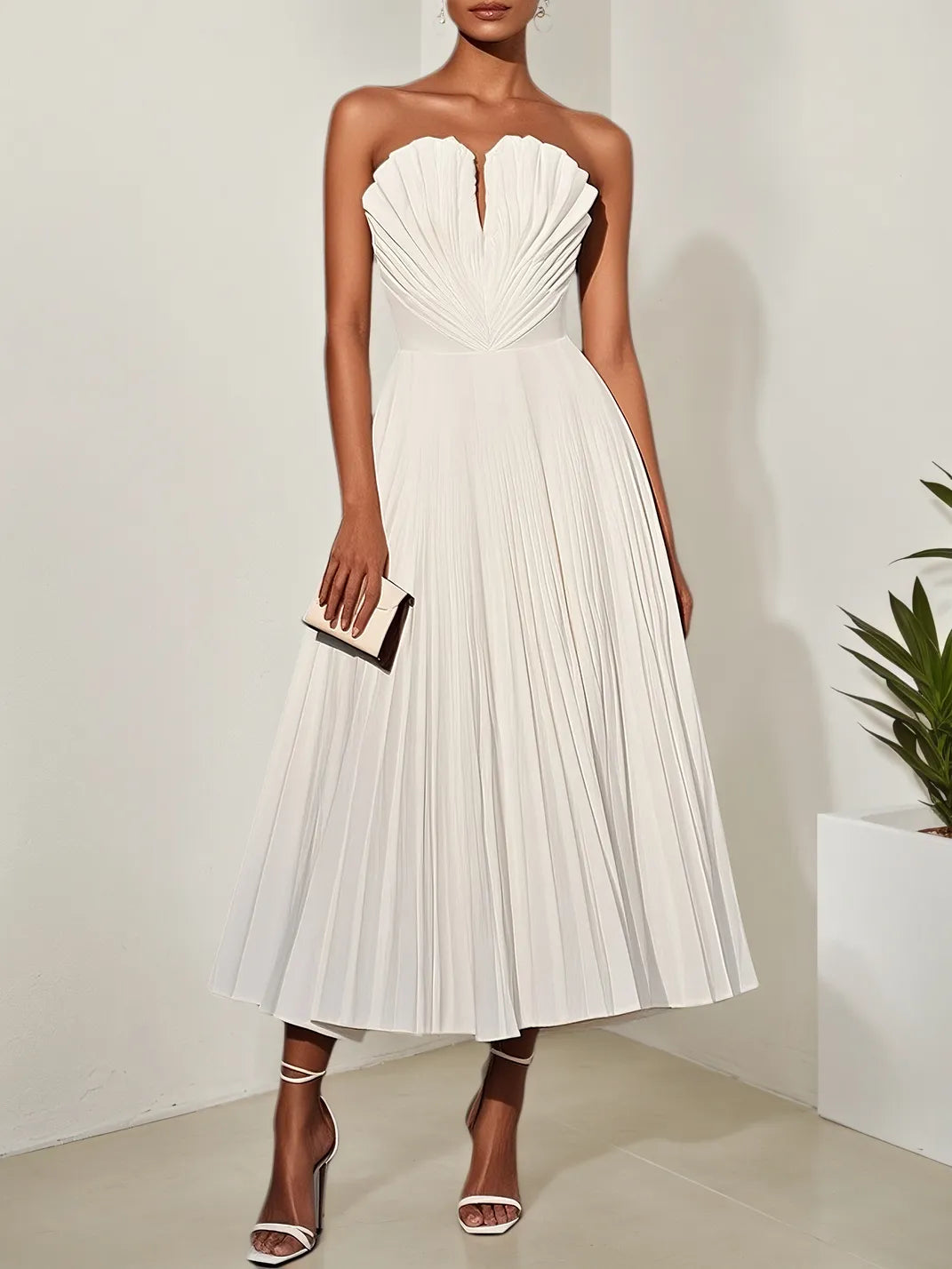 White Pleated Classic Strapless Sleeveless A-Line Midi Dress