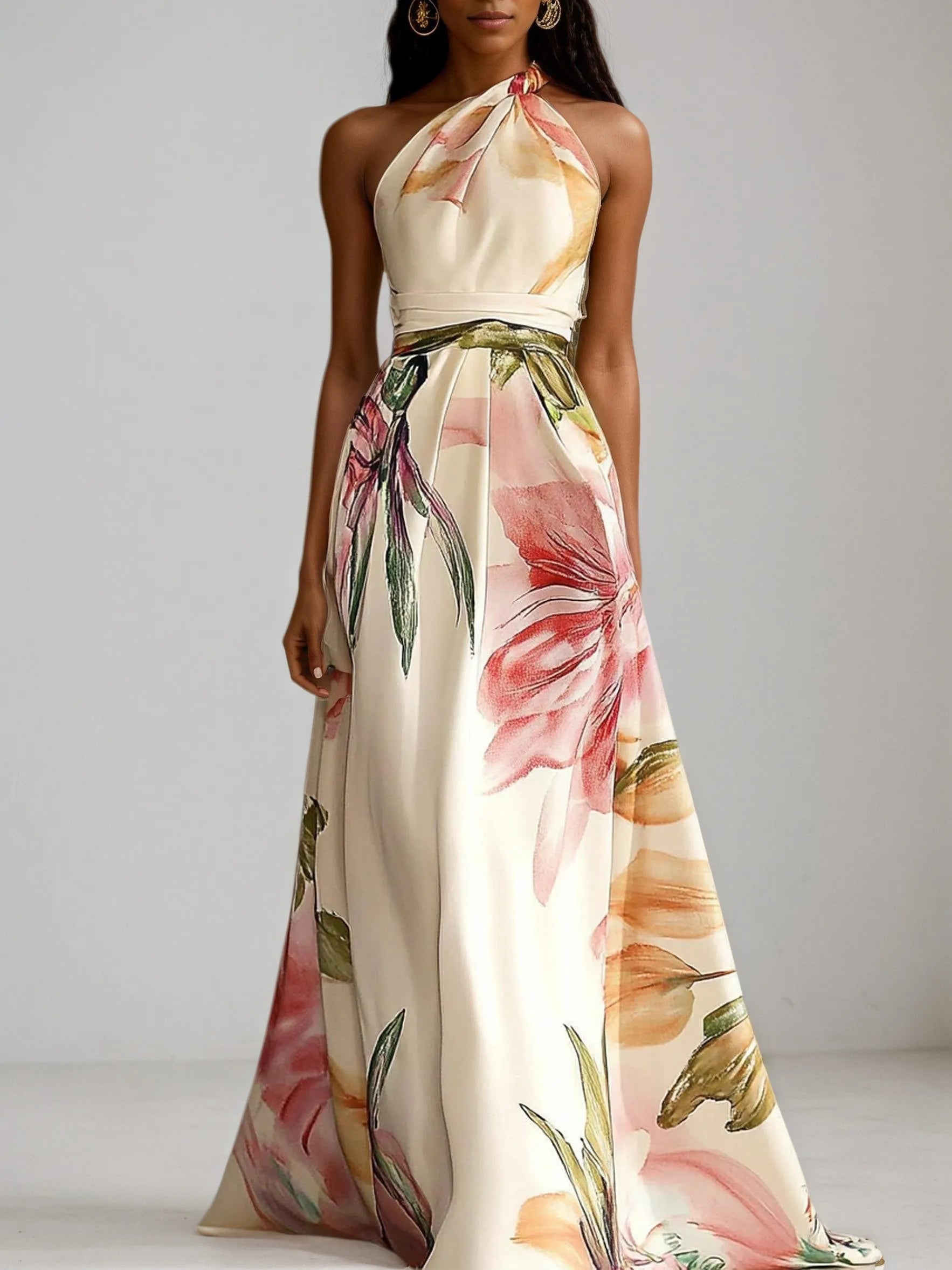 Pink Floral Satin One Shoulder Sleeveless A-Line Maxi Dress
