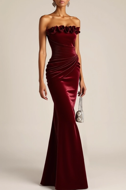 Formal Evening Dress Burgundy Strapless Velvet Maxi Dress with Ruffle