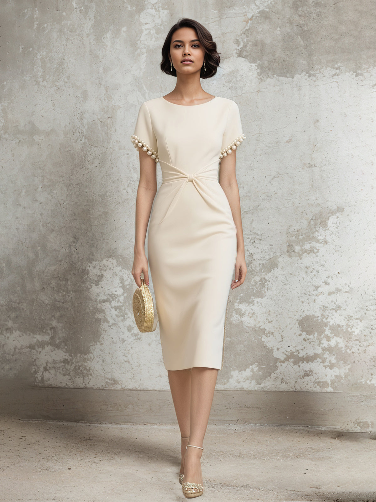 White Stretch Crepe Sheath/Column Short Sleeve Tea Length Dress With Pearls